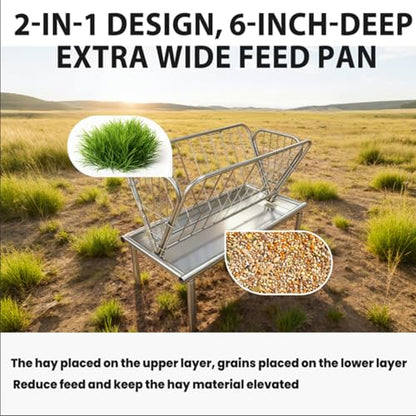 Heavy Duty Galvanized Steel Livestock Feeder, 4 Ft Outdoor Pasture Feeder, Large Capacity 2 in 1 Grain & Hay Rack with Steel Frame & 6” Deep Feed Pan, for Goats, Cow, Sheep, Horses