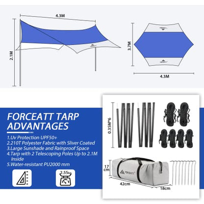 Forceatt 12x14FT Waterproof Anti-UV Camping Tarp with 2 Poles (UPF50+), Lightweight Sun Shelter for Car, Tent, Hammock in Hiking, Backpacking, Garden and Traveling - color: Dark Blue