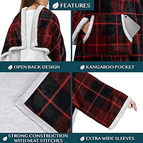 PAVILIA Sherpa Wearable Blanket with Sleeves and Pocket, Plush Thick Cozy Body Blanket Wrap for Adult Women Men, Christmas Gift for Wife Mom, Plaid Red - color: Plaid Red