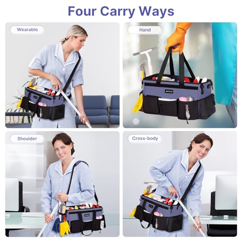 JKAOO Large Wearable Cleaning Caddy Bag with Handles, Denim Blue | Adjustable Shoulder & Waist Straps, Removable, Waterproof Tote for Cleaning Supplies, Home, Car, Office - color: Denim Blue