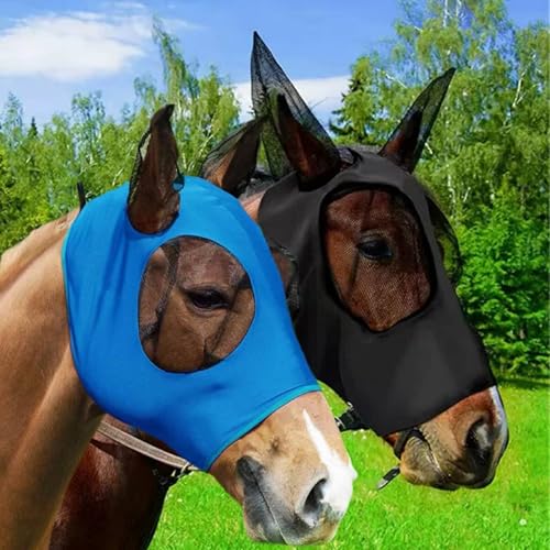 Super Comfort Stretchy Horse Fly Mask 2 Pcs Long Nose with Ears Space with UV Protection Soft on Skin with Breathability (Blue, Black - Full Size)
