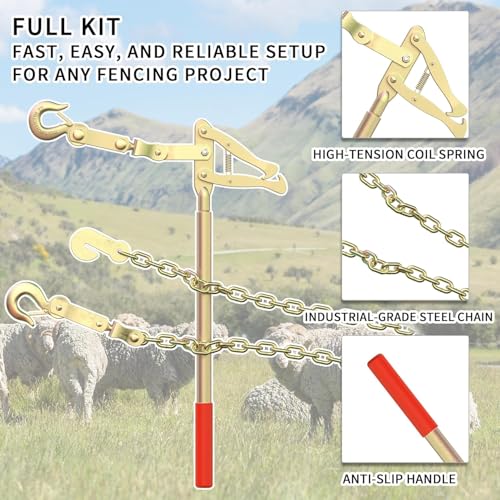 Fence Stretcher Bar Puller, 19.7ft Chain, 2200 lbs Wire Tensioner for Barbed & Chain-Link Fence Repair, Heavy-Duty Steel, Non-Slip Handle (2 Pack) - color: 2-Pack - Fence Stretcher Bar Puller