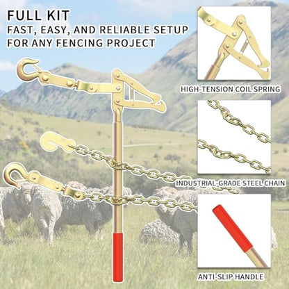 Fence Stretcher Bar Puller, 19.7ft Chain, 2200 lbs Wire Tensioner for Barbed & Chain-Link Fence Repair, Heavy-Duty Steel, Non-Slip Handle (2 Pack) - color: 2-Pack - Fence Stretcher Bar Puller