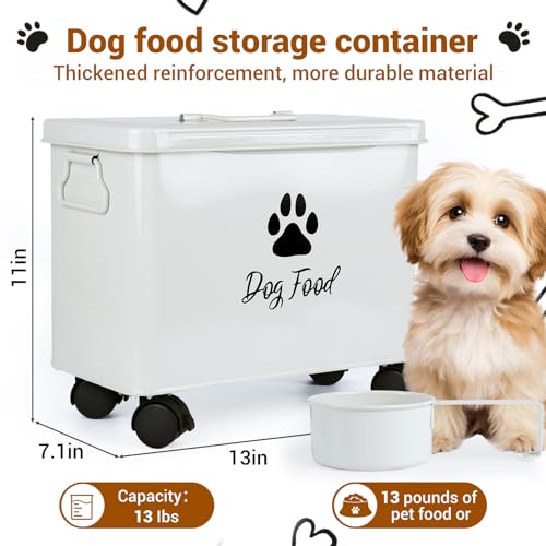 Dog Food Container 13lb, Cute Airtight Pet Food Storage Containers with Metal Lid Scoop, Black Metal Storage Bin for Dog/Cat with Wheels,Easy to Move White - color: White-L