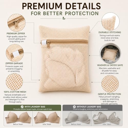 6-Pack Laundry Bags, Durable Cotton Mesh with Sturdy Zipper, Breathable Mesh Fabric, Ideal for Washing Underwear, Pants, Shoes, Socks and Delicate Garments - color: Beige, size: 19.6"L x 15.7"W x 0.2"H