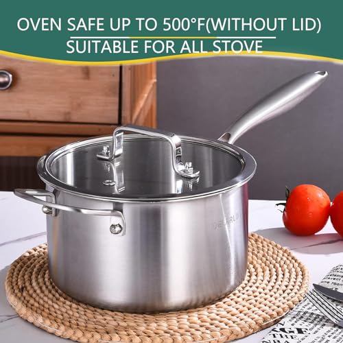 DELARLO Full-body Clad Tri-ply Stainless Steel 3.5 Quart Saucepan with Lid - color: Silver, size: 3.5 Quarts