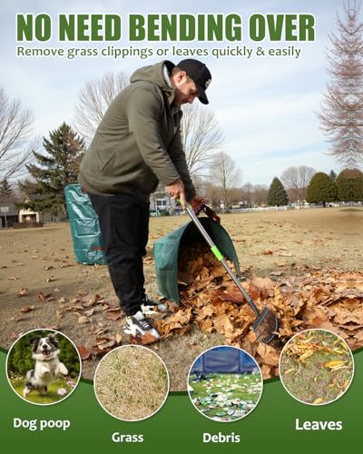 65 Inch 25 Tines Metal Leaf Rake Set with 40 Gal Dustpan-Type Bags | Heavy duty garden rake, Leaf gathering tool, Yard waste bag set, Metal dustpan rake, Lawn tool, Grass clippings sweeper - style: Green Dustpan