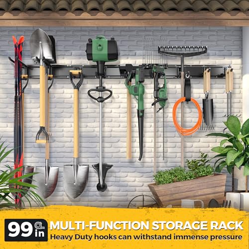 LBT 99" Garage Tool Organizer Wall Mount - 1000lbs Garden Tool Organizer | Anti-Rust, Adjustable Hooks, Sheds Garden Tool Organizer Black, Gifts For Men Dad Husband - size: 99inch
