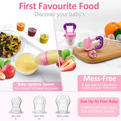 Baby Fruit Feeder Pacifier | Infant Food Feeder Pacifier & Food Dispensing Spoon | Mesh Fresh Fruit Teethers for Babies | Silicone Feeder Baby Shower Gifts for Boys and Girls (Pink) - color: 02-Pink