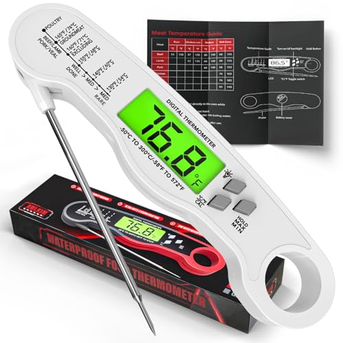 AWLKIM Meat Thermometer Digital, Instant Read Food Thermometer, White | Waterproof cooking thermometer with doneness chart, backlight, F/C switch for BBQ, candy, oil - color: White