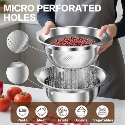 3.5QT Colander with Bowl, Rice Strainer, Stainless Steel Mixing Bowls with Strainer, Pasta Strainer, Colander for Kitchen for Rice Pasta Fruits Vegetables, Rice Cleaner Strainer, Dishwasher Safe - size: 3.5QT