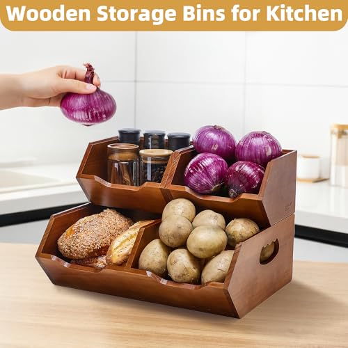 HYPIGO Large Capacity Potato and Onion Storage Bins | Stackable Wood Pantry Storage Baskets, Kitchen Pantry Organizers for Vegetables, Bread, Spices, Set of 3