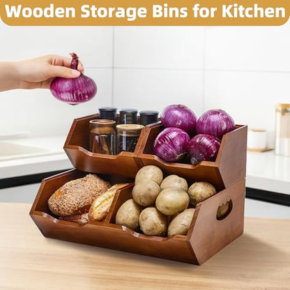 HYPIGO Large Capacity Potato and Onion Storage Bins | Stackable Wood Pantry Storage Baskets, Kitchen Pantry Organizers for Vegetables, Bread, Spices, Set of 3