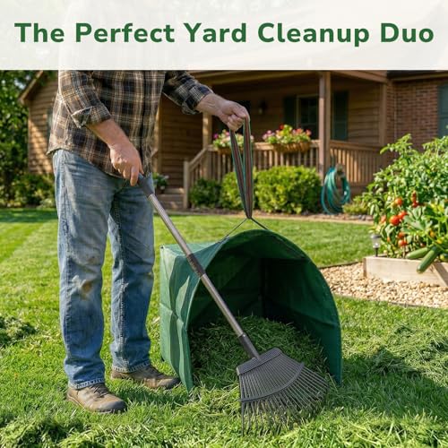 GreatBuddy Leaf Rake and Leaf Bags Combo, Adjustable Metal Garden Rake 29''-72'' 25 Tines, 2 Pack 53 Gallon Reusable Yard Waste Bags, Heavy Duty Lawn Rake with Dustpan Leaf Collector for Yard Cleanup - size: 25 tines & 53 gal 2 packs