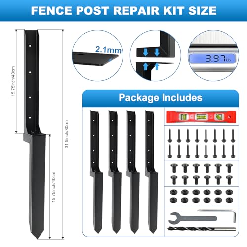Fence Post Repair Kit, Fences Post Anchor Ground Stakes Heavy Duty, for Repair Tilted and Broken Wood Support, Hardware Included 4 Pack