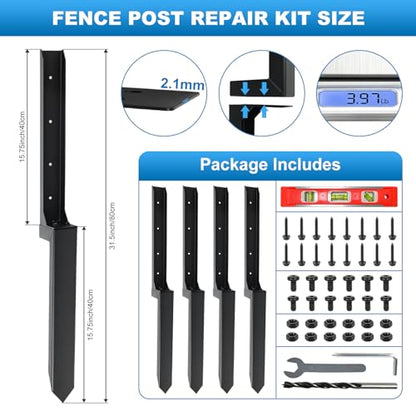 Fence Post Repair Kit, Fences Post Anchor Ground Stakes Heavy Duty, for Repair Tilted and Broken Wood Support, Hardware Included 4 Pack