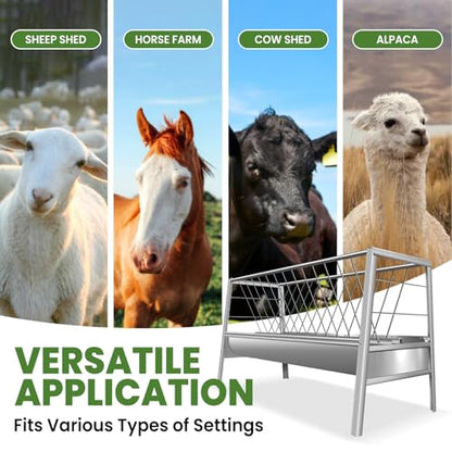 62'' Long Goat Feeder with 26'' Wide Tray, 90 Gallon Heavy Duty Alloy Steel Goat Hay Feeder for Goats Sheep Lambs Horses Farms Sheds, Ease of Assembly, Rust-Proof, Detachable Grain Tray - style: Alloy Steel