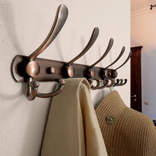 Dseap Wall Mounted Coat Rack - 5 Tri Hooks, Heavy Duty, Stainless Steel, Metal Coat Hook Rail for Coat Hat Towel Purse Robes Mudroom Bathroom Entryway,Antique Copper - color: Antique Copper, size: L=16" (1 Pcs)