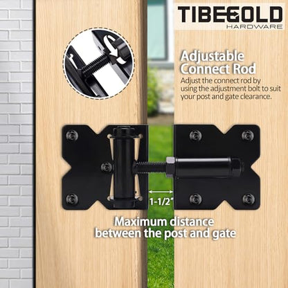 Self Closing Gate Hinges, Heavy Duty Hardware for Outdoor Vinyl/Woodn Fence Gates, 90 Degree Adjustable Gate Hinges Kit, Black Self Closing Hardware with Screw Kits and Swing Adjuster Tool, 4 Pack