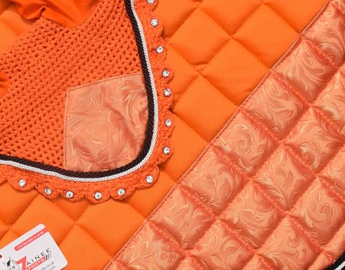 Orange Luxury Saddle Pad Set Matching Ear Bonnet | Equestrian Show Gear | Horse Riding Matchy Set | Dressage or Jumping/Hunter - size: Horse/Full