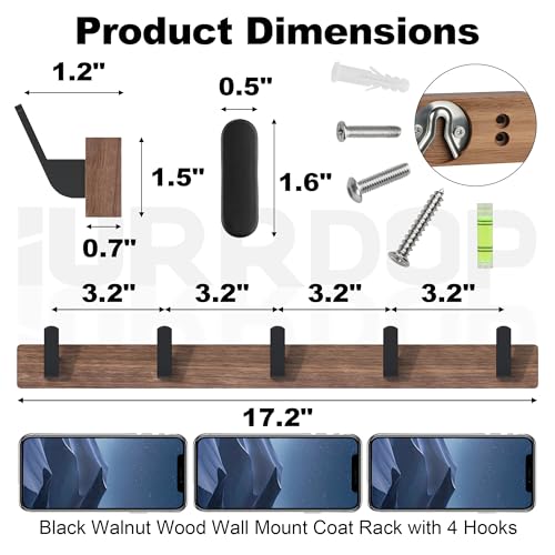 17 Inch Walnut Wood Wall Mounted Coat Rack with 5 Black Hooks, Adhesive Mounted Entryway Hooks, Modern Natural Wooden Pegs for Hanging Coat Clothes Hat Bag Purse Key and Towel - color: Coat Rack with 5 Hooks