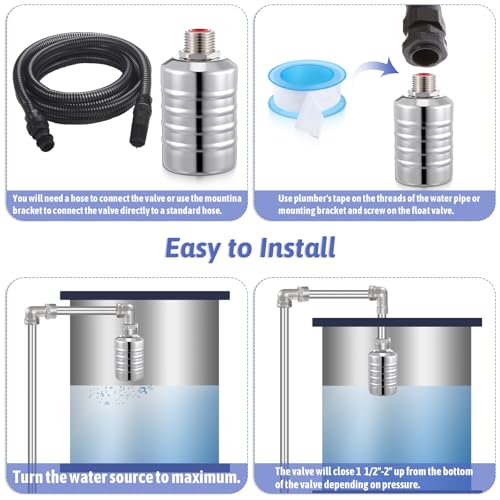 2 Packs 304 Stainless Steel Float Valve Automatic Water Level Control Float Valve 1/2" To 3/4'' Auto Shut off Water Tank Floats with Side/Top Entry for Fish Tank Swimming Pool Troughs