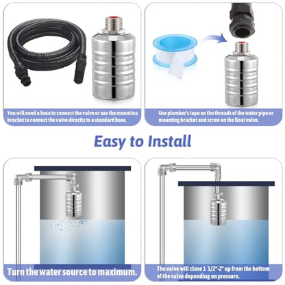 2 Packs 304 Stainless Steel Float Valve Automatic Water Level Control Float Valve 1/2" To 3/4'' Auto Shut off Water Tank Floats with Side/Top Entry for Fish Tank Swimming Pool Troughs
