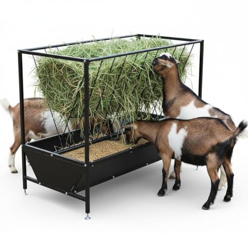 PeakPursuit Heavy Duty 50 Gallon Hay Feeder with 30 Gal Grain Pan，2-in-1 Steel Livestock Feeder for Horses, Cows, Sheep - Corrosion Resistant Powder Coated Black