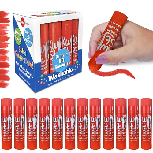 Kwik Stix Solid Tempera Paint Sticks – 12 Pack of Red – Same Color Washable, Quick Dry (90 Seconds), ASTM Certified, Non-Toxic, Allergen-Free Kids & Toddler Art Supplies for Home, School & Crafts - color: Red