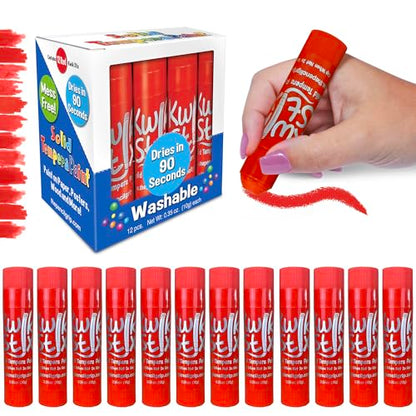 Kwik Stix Solid Tempera Paint Sticks – 12 Pack of Red – Same Color Washable, Quick Dry (90 Seconds), ASTM Certified, Non-Toxic, Allergen-Free Kids & Toddler Art Supplies for Home, School & Crafts - color: Red