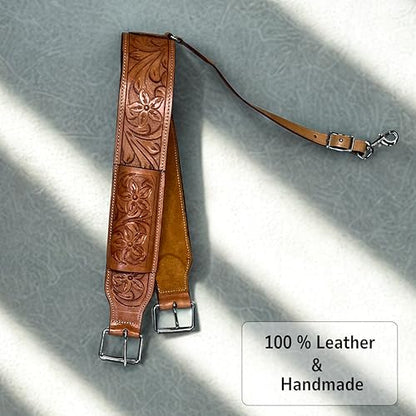 Hulara Western Carved Leather Rear Flank Back Saddle Girth Cinch Belt with Bucking Strap Comfytack |Premium Flank Cinch Belt Leather Horse Girth - color: Tan Flower