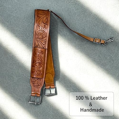 Hulara Western Carved Leather Rear Flank Back Saddle Girth Cinch Belt with Bucking Strap Comfytack |Premium Flank Cinch Belt Leather Horse Girth - color: Tan Flower