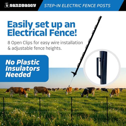 Sandbaggy 4 ft Plastic Step in Electric Fence Posts - UV Resistant - Temporary or Semi-Permanent Fencing for Livestock, Grazing, Gardening - Lightweight, Adjustable Height (4 ft, Black, 10)