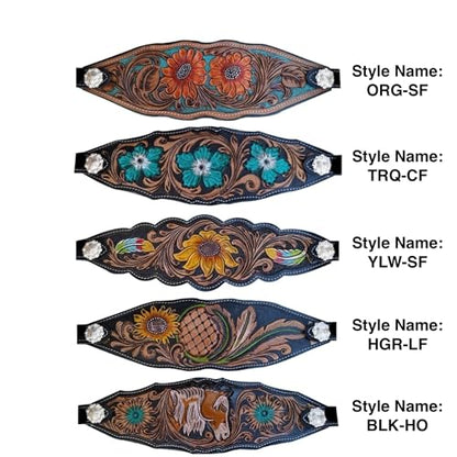 Majestic Ally Equestrian Designer Bronc Halter for Horses, Hand-Tooled Leather Nose, Padded Nylon Crown and Noseband - style: Leaves and Flowers