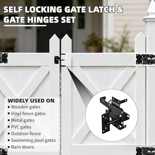 Self Closing Gate Hinge and Latch Kit for Wooden/Vinyl Fence Gate | Heavy Duty Rust Proof Gate Hardware Kit,4 Adjustable Self Closing Hinges & 2 Post Mount Self Locking Gate Latch (Black)
