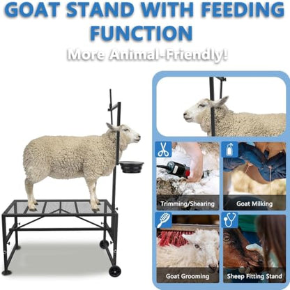 Upgraded Goat Stand with Wheels & Feed Bin, Adjustable Headpiece - color: Black, size: L - 47 inch (with Wheel)