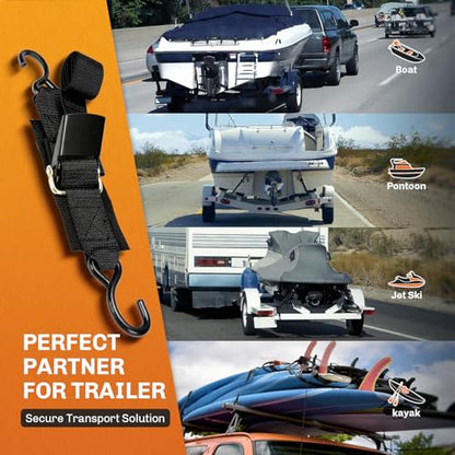 WELLUCK Boat Trailer Transom Tie Downs Straps 1200 LBS, 2" x 4' Adjustable Boat Buckle Transom Tie Downs to Trailer, Marine, Jet ski, Pontoon, with Quick Release Buckle & Anti-Scratch Hooks - color: Black