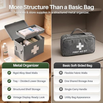 Flexzion Large Metal First Aid Box Empty, 8.5-Inch, Gray with White Cross - color: Gray, size: 8.5 Inch without Latch Lock