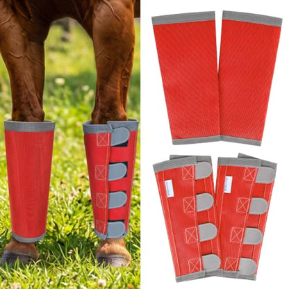 Fly Boots for Horses Set of 4 with Reflective Vercros, Loose Fitting Mesh Horse Fly Boots Leggings, Adjustable Equine Leg Wraps & Socks, Stay Up Not Sag, No Rub - color: Red