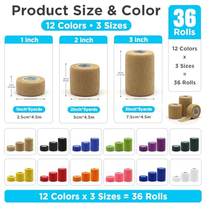 OK TAPE Self Adhesive Bandage Wraps, 36 Pack 1"/2"/3" x5Yd Athletic Tape