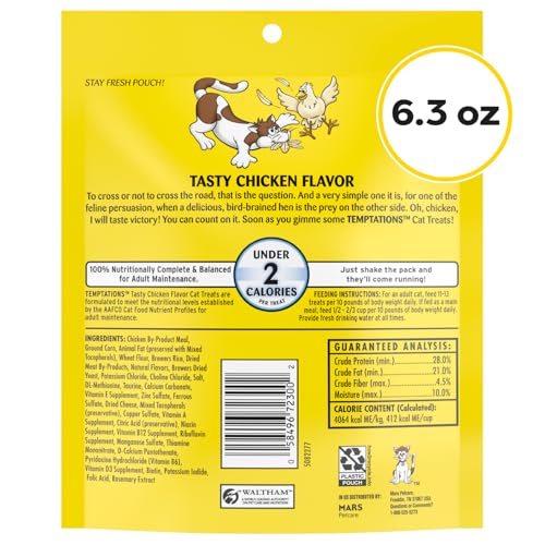 Temptations Classic Crunchy and Soft Cat Treats, Tasty Chicken, 6.3oz, 10pk | Under 2 calories per treat, 100% complete & balanced for adults, resealable stay-fresh pouch, snack, meal, or food topper - size: 6.3 Ounce (Pack of 10)