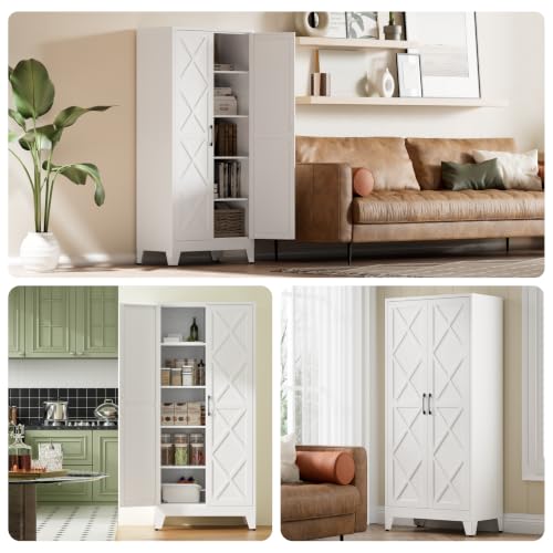 COFaR Metal Kitchen Cabinet with 2 Door and 4 Adjustable Shelves, 71" White - color: White, size: 71H