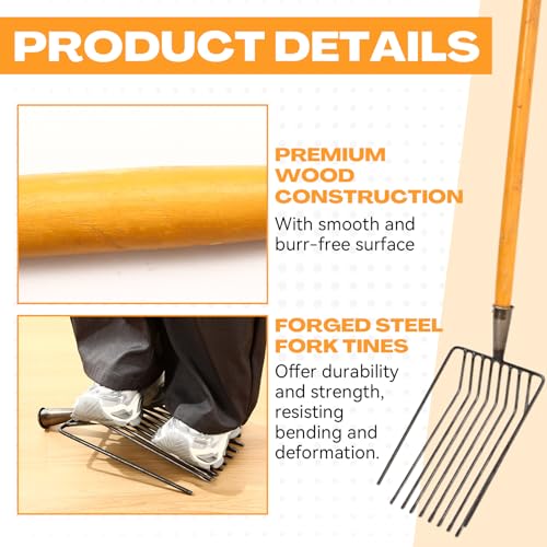 4 Sets Pitch Fork 10 Tines Wide Manure Fork with Long Handle Heavy Duty Muck Rake Broadfork Garden Tool for Gardening Horse Stall Picking up Manure Farm