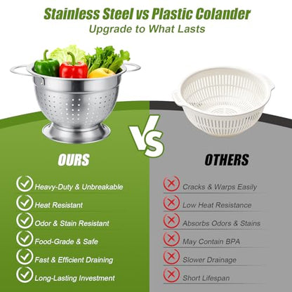 Palksky Stainless Steel Colander Set of 3, Nesting Metal Strainers with Handles and Raised Base, 7/8.7/11 Inch Kitchen Colanders for Pasta, Vegetables, Fruit, Rice, Salad and Meal Prep - color: 3 Sizes Colander Set with Handles