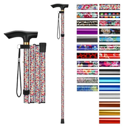 supregear Folding Cane, 5-Level Adjustable Height Walking Stick Lightweight Collapsible Portable Travel Cane with Wrist Strap and T Handle for Elderly Disabled Men Women - color: White Dense Blossoms