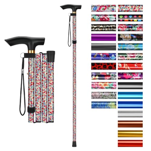 supregear Folding Cane, 5-Level Adjustable Height Walking Stick Lightweight Collapsible Portable Travel Cane with Wrist Strap and T Handle for Elderly Disabled Men Women - color: White Dense Blossoms