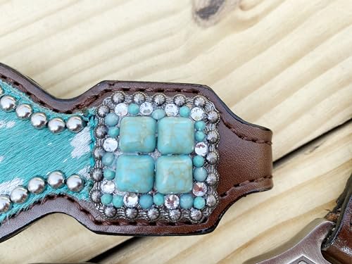 Western Leather Headstall & Breast Collar Set for Horses - Valentine’s Day Silver Metallic Cowhide with Rhinestones - color: Turquoise