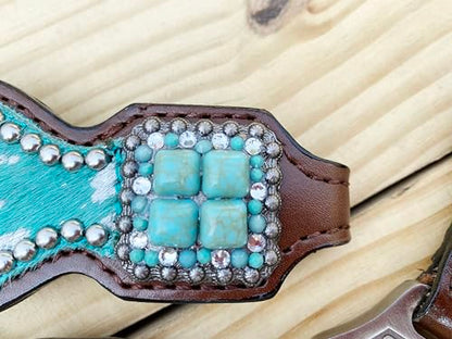 Western Leather Headstall & Breast Collar Set for Horses - Valentine’s Day Silver Metallic Cowhide with Rhinestones - color: Turquoise