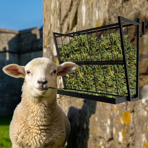 2-in-1 Wall Mount Hay Feeder, Black Grain Rack for Goats, Horses, Sheep - color: black