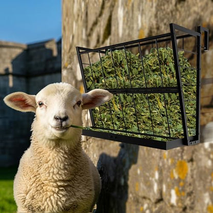 2-in-1 Wall Mount Hay Feeder, Black Grain Rack for Goats, Horses, Sheep - color: black